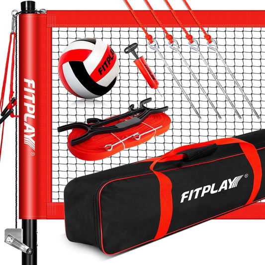 FITPLAY Professional Volleyball Net Set with Anti-Sag System,3 Height Adjustable Steel Poles,PU Volleyball,Pump,Boundary Line and Waterproof CarryBag