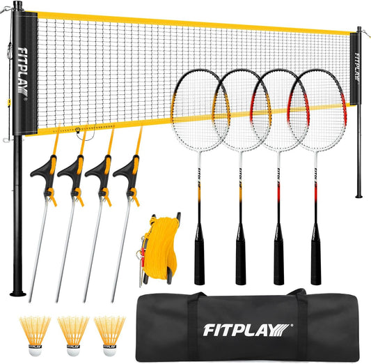 FITPLAY Professional Badminton Sets with 4 Aluminum Badminton Rackets, 3 Shuttlecocks, Boundary Line and Carrying Bag for Outdoor Venues
