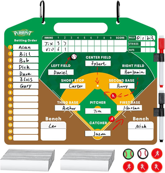 PLAYAPUT Magnetic Baseball Lineup Board, Dry Erase Baseball Clipboard for Coaches with 6 Discs,30 Lineup Cards,2 Markers and Holders, Easy Carry Baseball/Softball Lineup Board for Dugout - PlayaPut