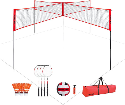 Four Square Volleyball/Badminton Net Set, Adjustable Height 4 Way Volleyball Net for Outdoor Activity