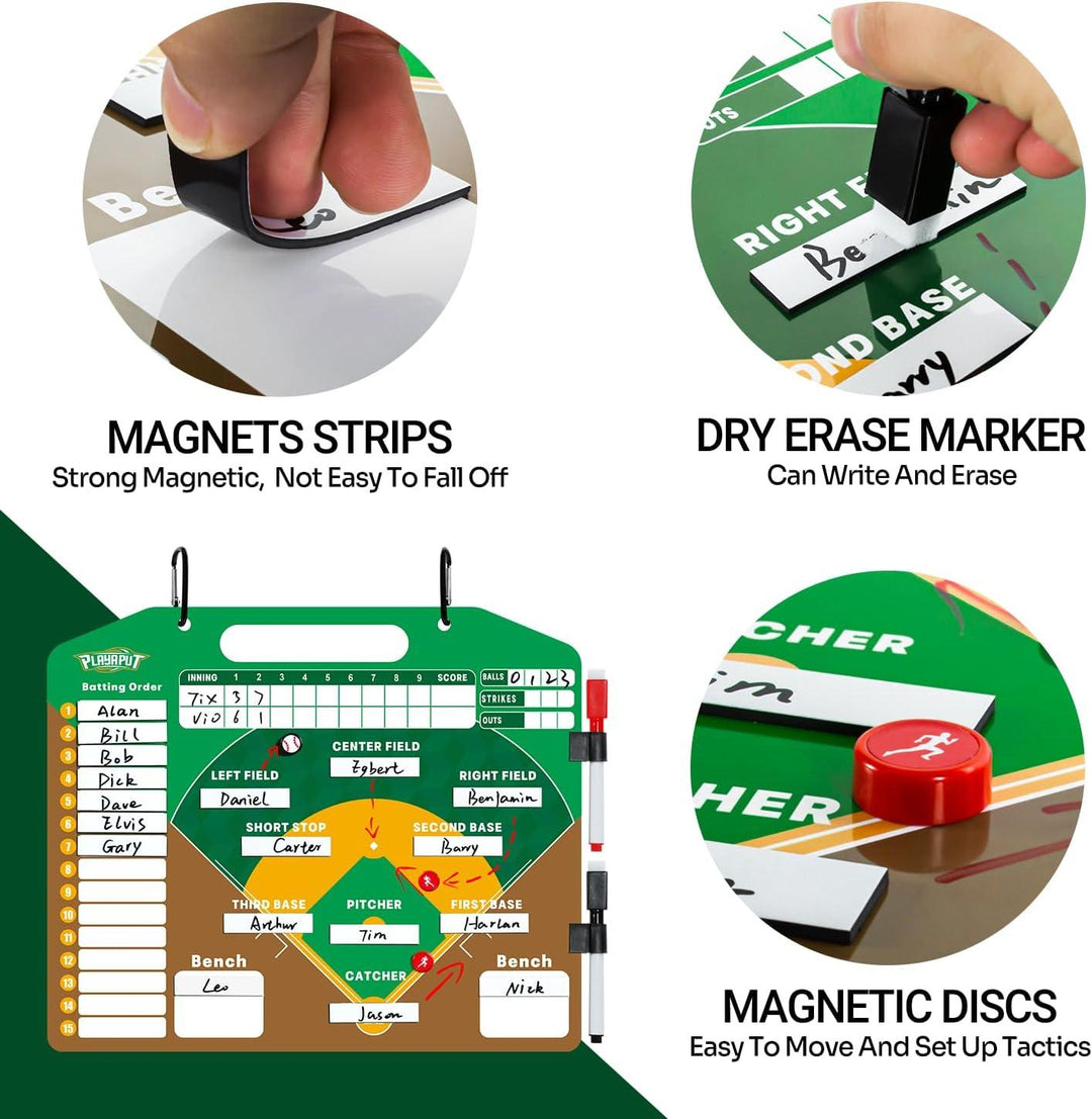 PLAYAPUT Magnetic Baseball Lineup Board, Dry Erase Baseball Clipboard for Coaches with 6 Discs,30 Lineup Cards,2 Markers and Holders, Easy Carry Baseball/Softball Lineup Board for Dugout - PlayaPut