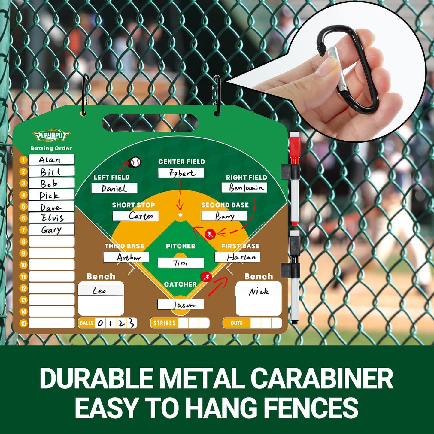PLAYAPUT Magnetic Baseball Lineup Board,Double-Sided Dry Erase Baseball Clipboard for Coaches with 6 Discs, 30 Lineup Cards, 2 Markers and Holders