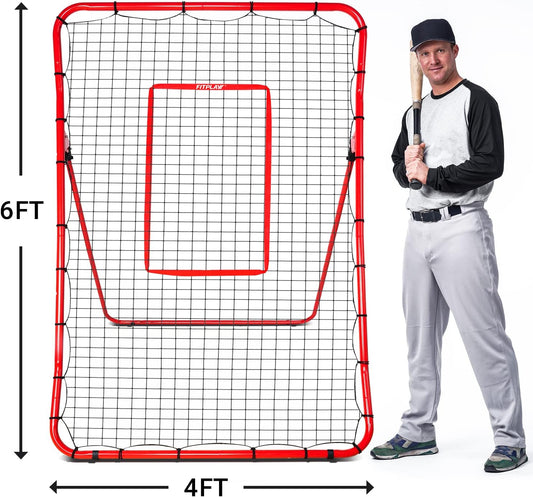 FITPLAY Pitch Back Baseball/Softball Rebounder, 6x4Ft Baseball Rebounder Net with Strike Zone, Adjustable Angles Softball Pitch Back Net Practice Pitching, Catching, Throwing, Easy Foldable to Carry