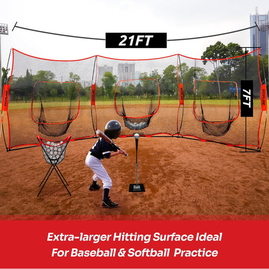 FITPLAY Portable Baseball and Softball Hitting Net, 21x7 FT Triple Practice Net for Hitting, Batting, Throwing, Pitching