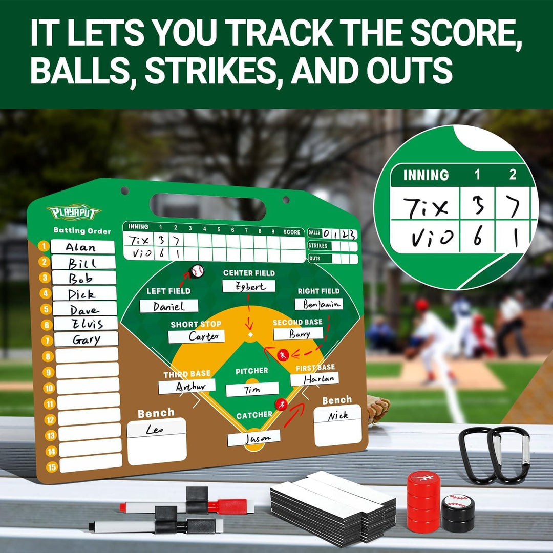 PLAYAPUT Magnetic Baseball Lineup Board, Dry Erase Baseball Clipboard for Coaches with 6 Discs,30 Lineup Cards,2 Markers and Holders, Easy Carry Baseball/Softball Lineup Board for Dugout - PlayaPut