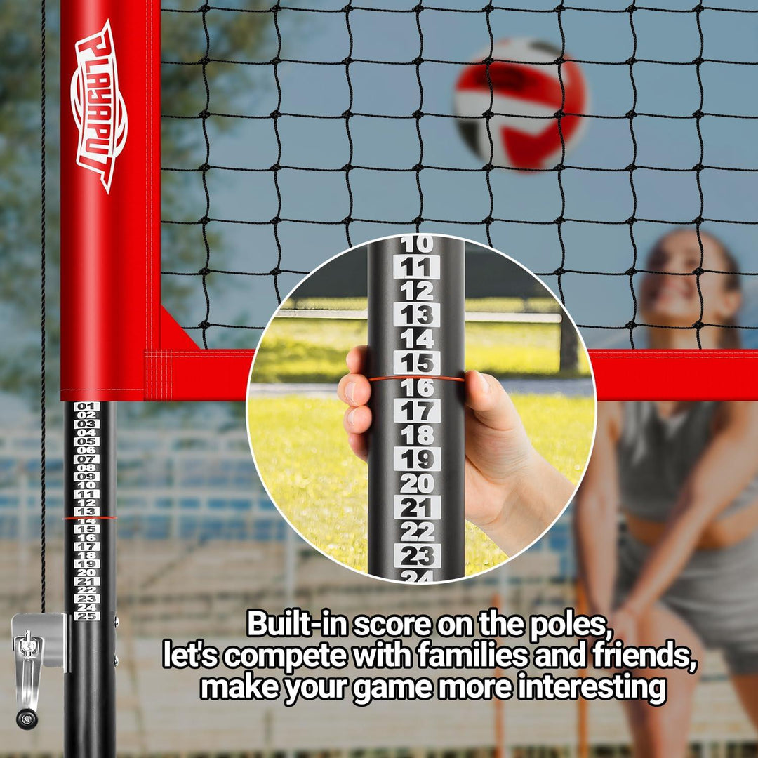 PLAYAPUT Outdoor Professional Volleyball Net System, Aluminum Poles with Scoring System and Anti-Sag Winch - PlayaPut