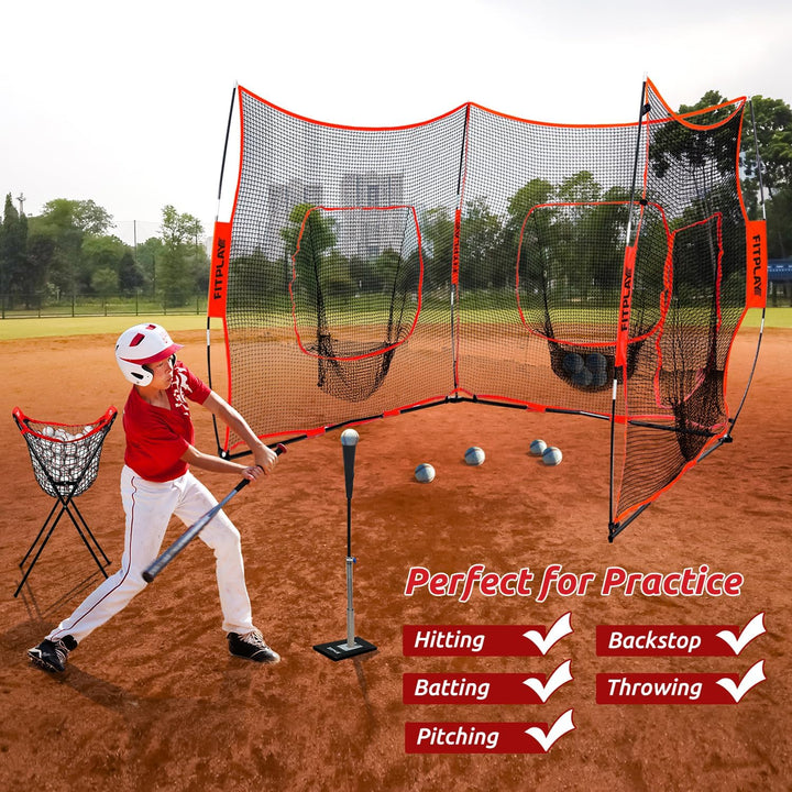 FITPLAY Portable Baseball and Softball Hitting Net, 21x7 FT Triple Practice Net for Hitting, Batting, Throwing, Pitching