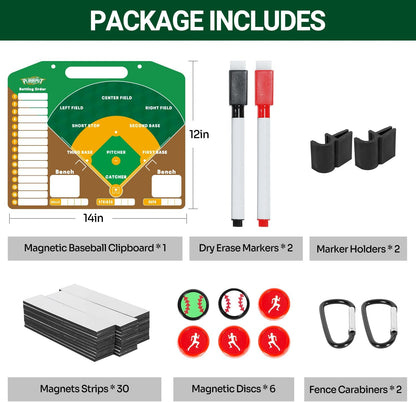 PLAYAPUT Magnetic Baseball Lineup Board,Double-Sided Dry Erase Baseball Clipboard for Coaches with 6 Discs, 30 Lineup Cards, 2 Markers and Holders