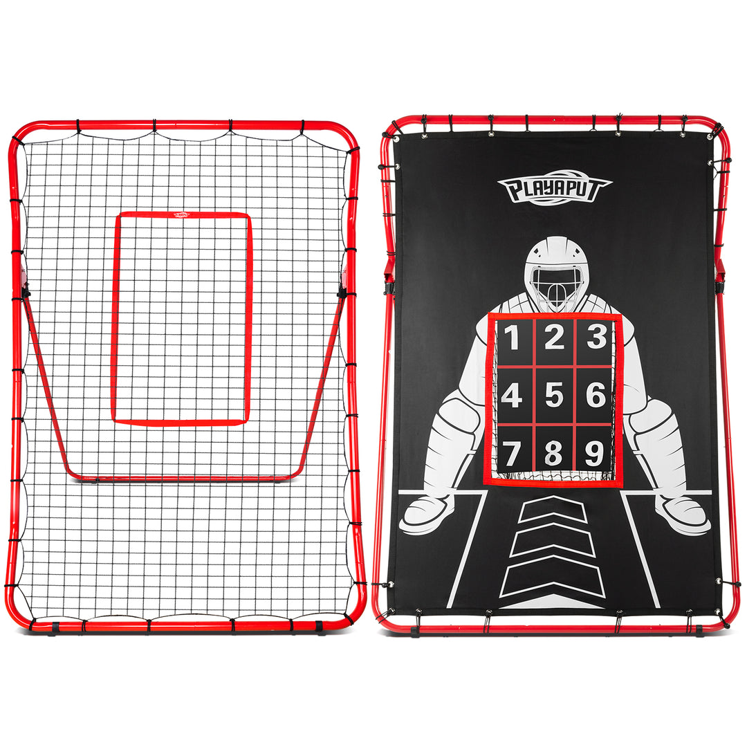 2-in-1 Baseball & Softball Pitching Rebounder Net, Adjustable Angle 9 Goal Sports Net With Bounce Back Trainer For Hitting Fielding