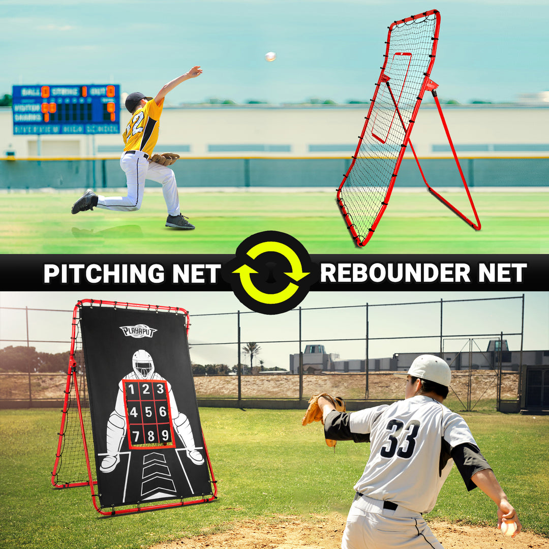 PLAYAPUT 2 in 1 Baseball Rebouder Net and Pitching Net, Adjustable Pitch Back Baseball Rebounder with Strike Zone,Baseball Bounce Back Net