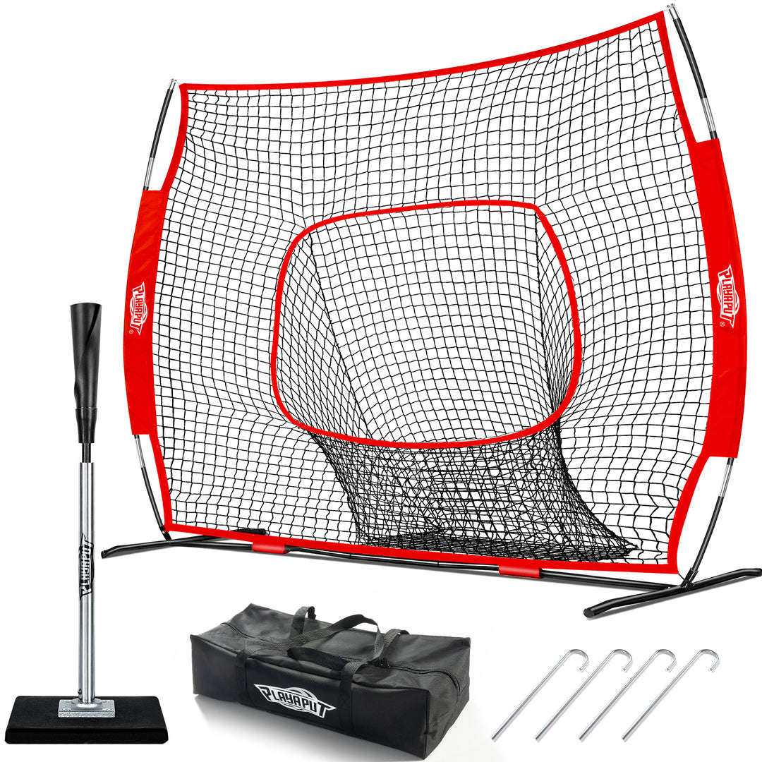 PLAYAPUT Baseball Batting Tee & Practice Net Combo with Large Pocket Holds 50+Balls