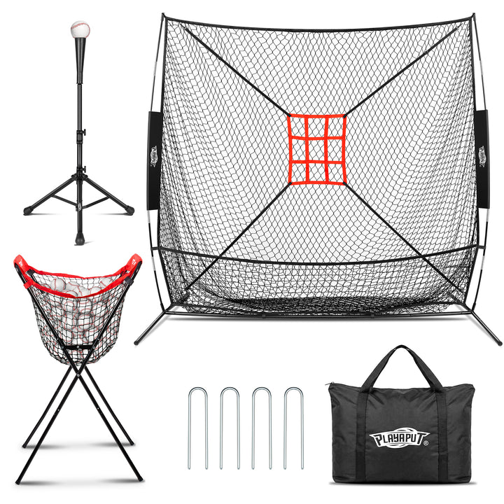 PLAYAPUT 7×7FT Baseball Net with Batting Tee & Ball Caddy Holds 100+ Balls