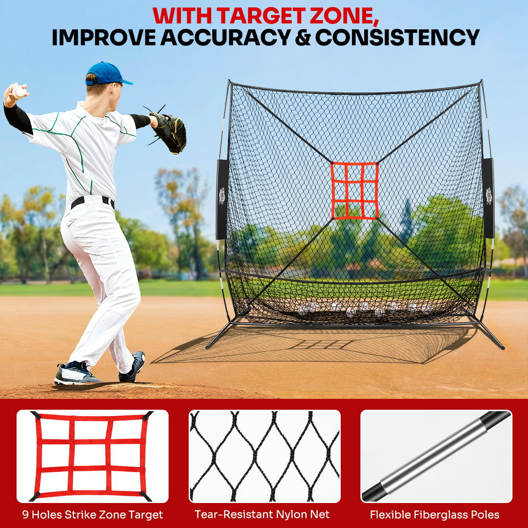 PLAYAPUT 7×7FT Baseball Net with Batting Tee & Ball Caddy Holds 100+ Balls