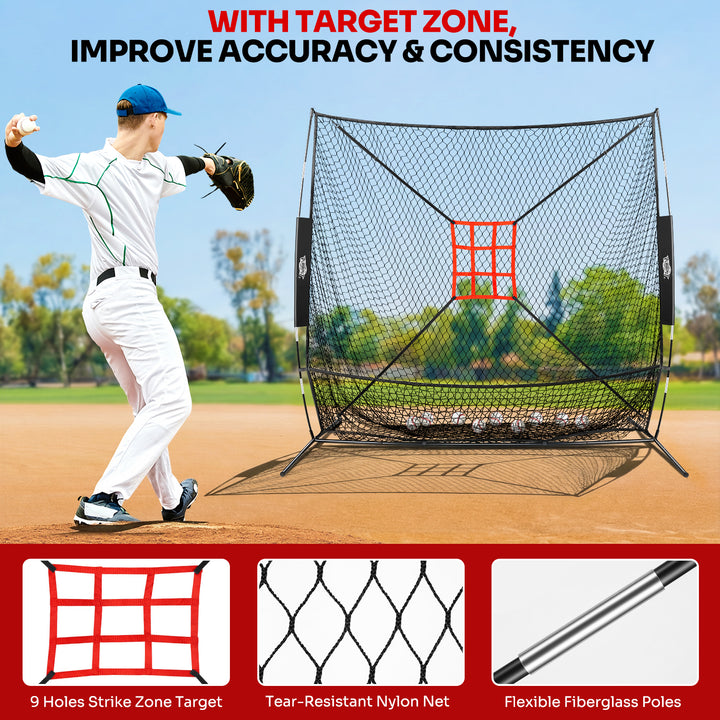 PLAYAPUT 7×7FT Baseball Net with Batting Tee & Ball Caddy Holds 100+ Balls