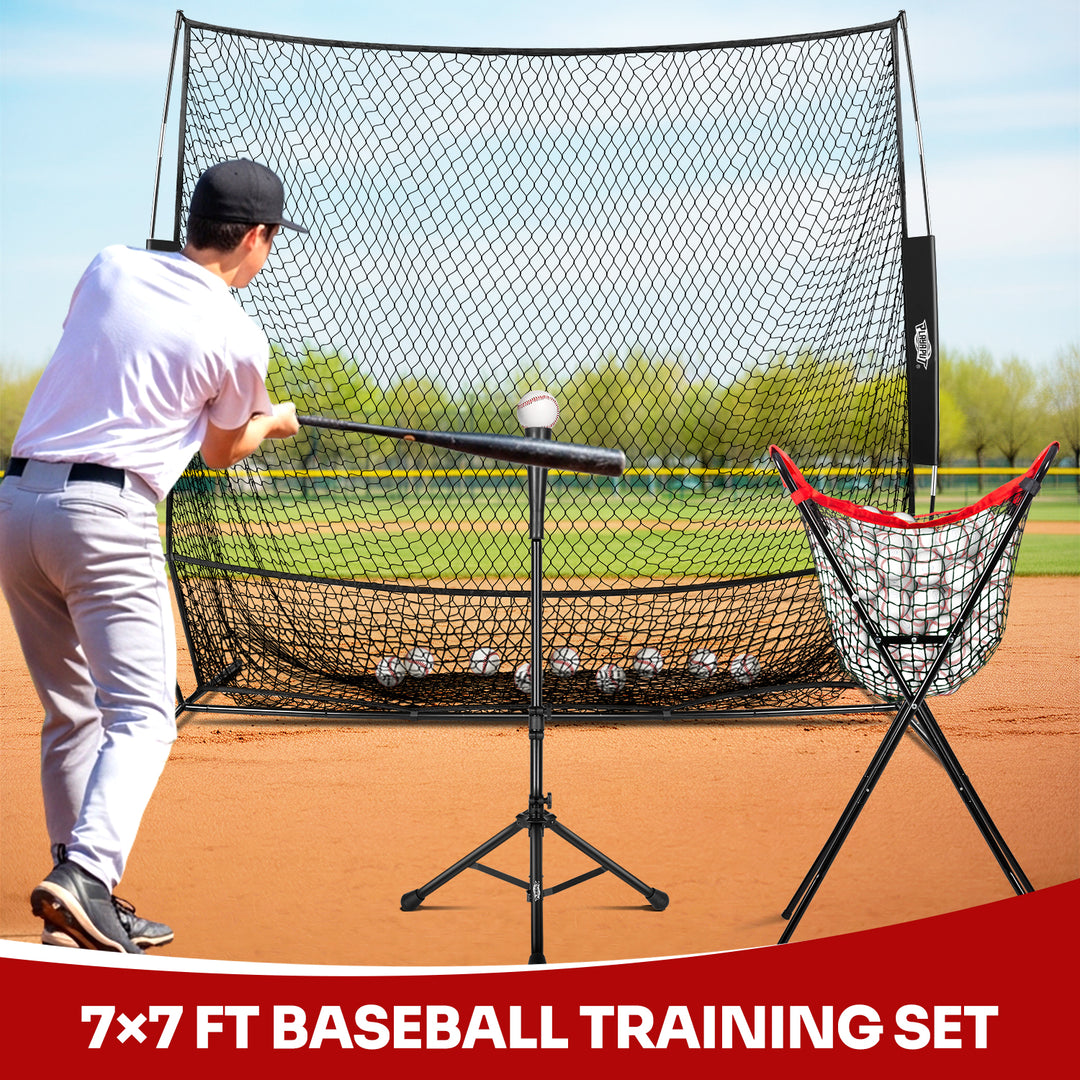 PLAYAPUT 7×7FT Baseball Net with Batting Tee & Ball Caddy Holds 100+ Balls
