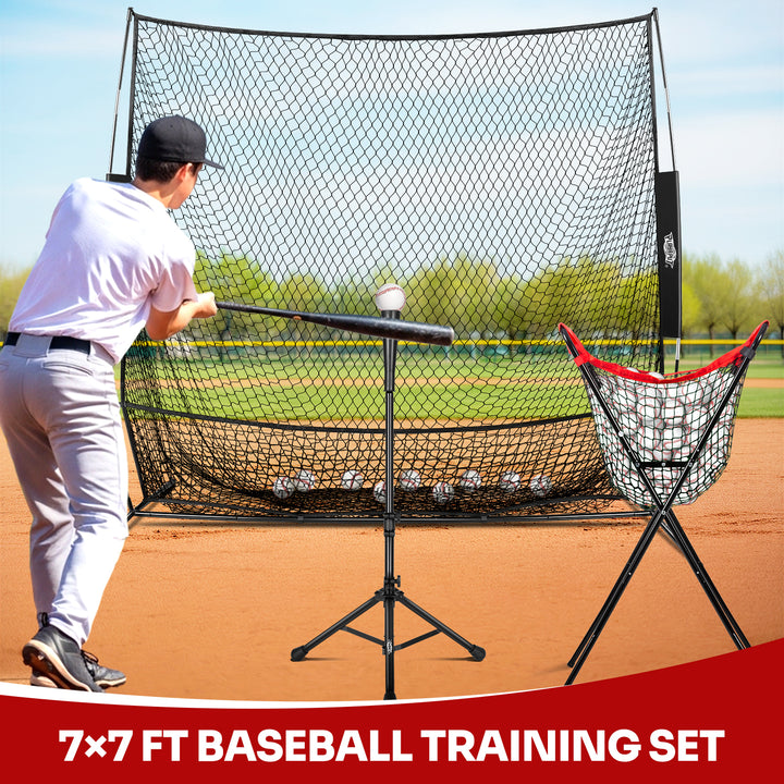 PLAYAPUT 7×7FT Baseball Net with Batting Tee & Ball Caddy Holds 100+ Balls