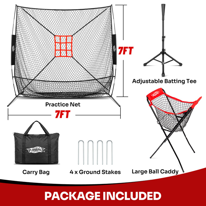 PLAYAPUT 7×7FT Baseball Net with Batting Tee & Ball Caddy Holds 100+ Balls
